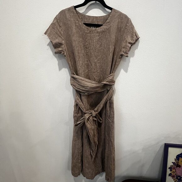 Len Ok Dresses & Skirts - Len.Ok Linen Long Dress Tan Lagenlook Belted Waist Midi, Size L Altered Read